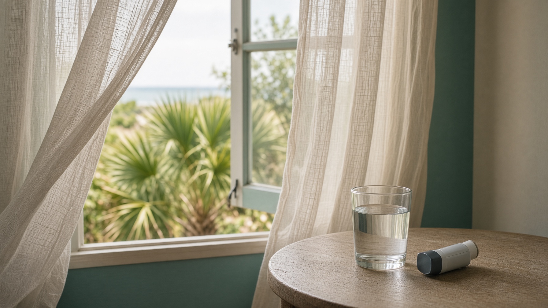 Open window and inhaler in Gulf-coast afternoon light