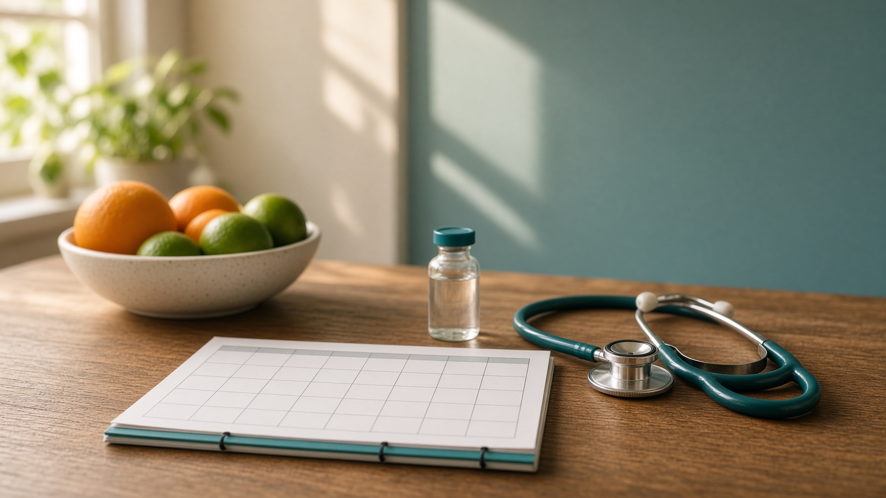 Calendar, stethoscope, and citrus on a clinic table