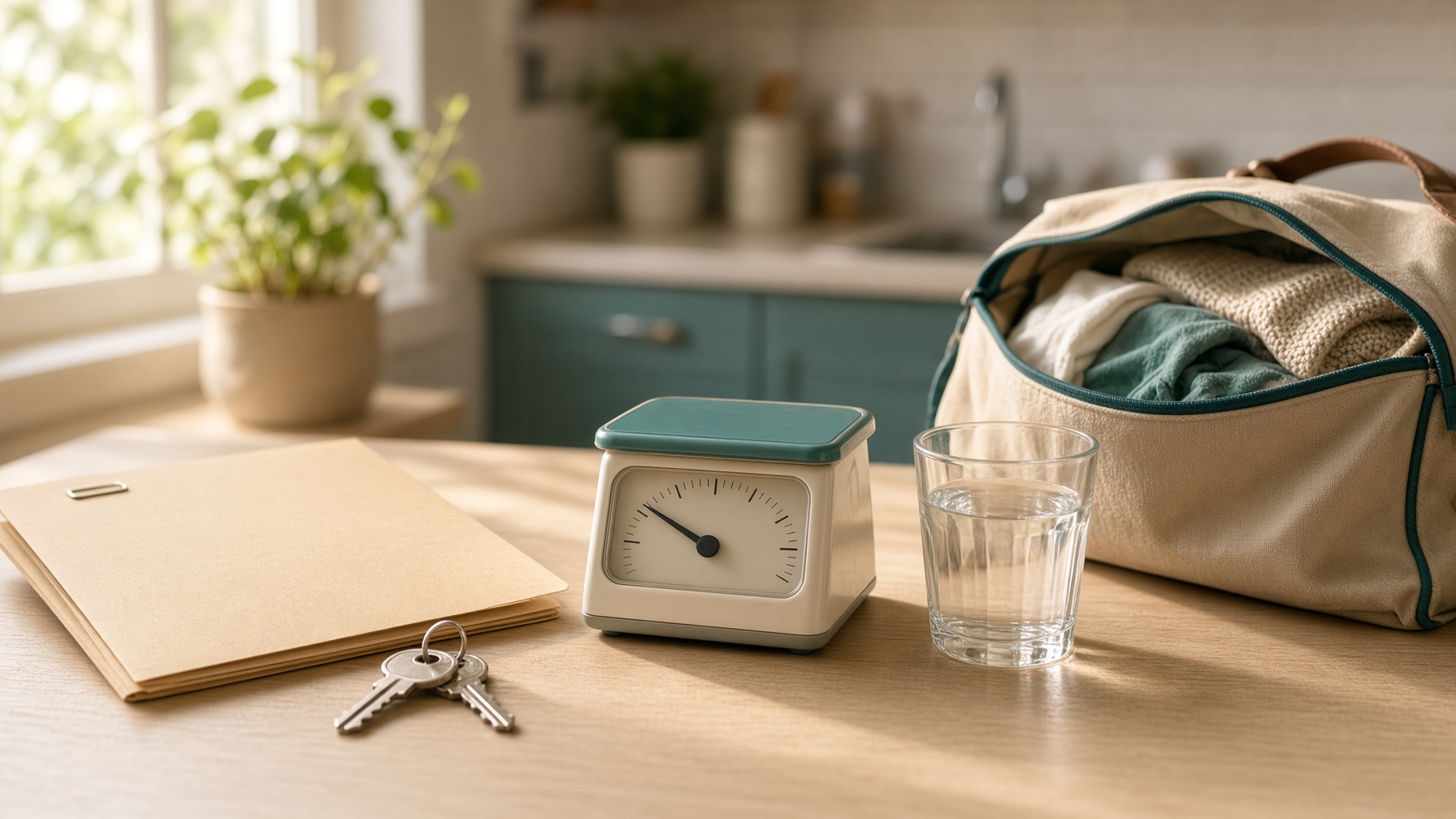 Discharge folder, house key, and scale on a kitchen table